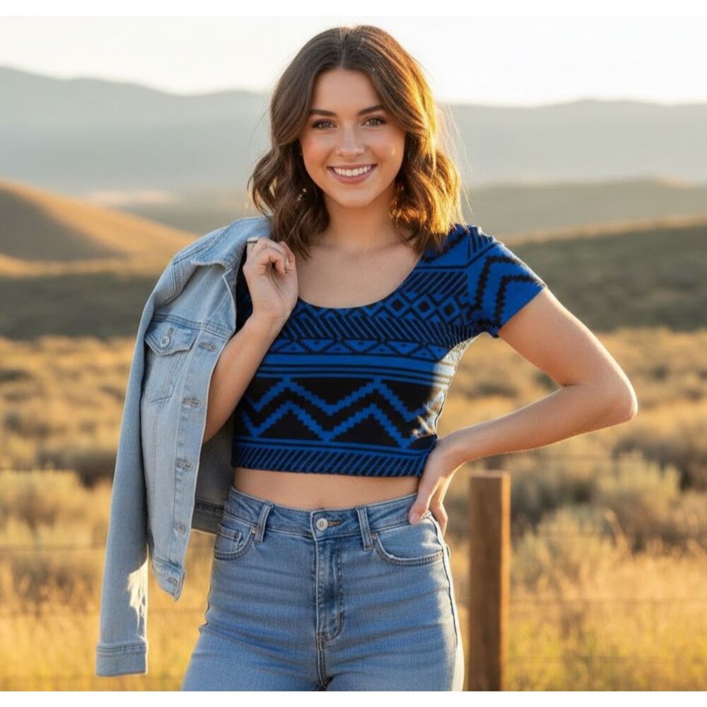 PINK by Victorias Secret Babydoll Y2K Aztec Cotton Blue Black Crop Top Size L
